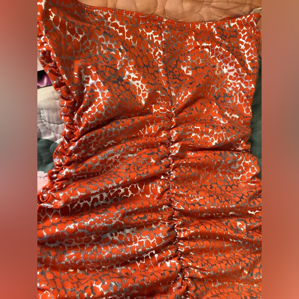 Orange and Silver Metallic Ruched Sleeveless Dress - Picture 10 of 13